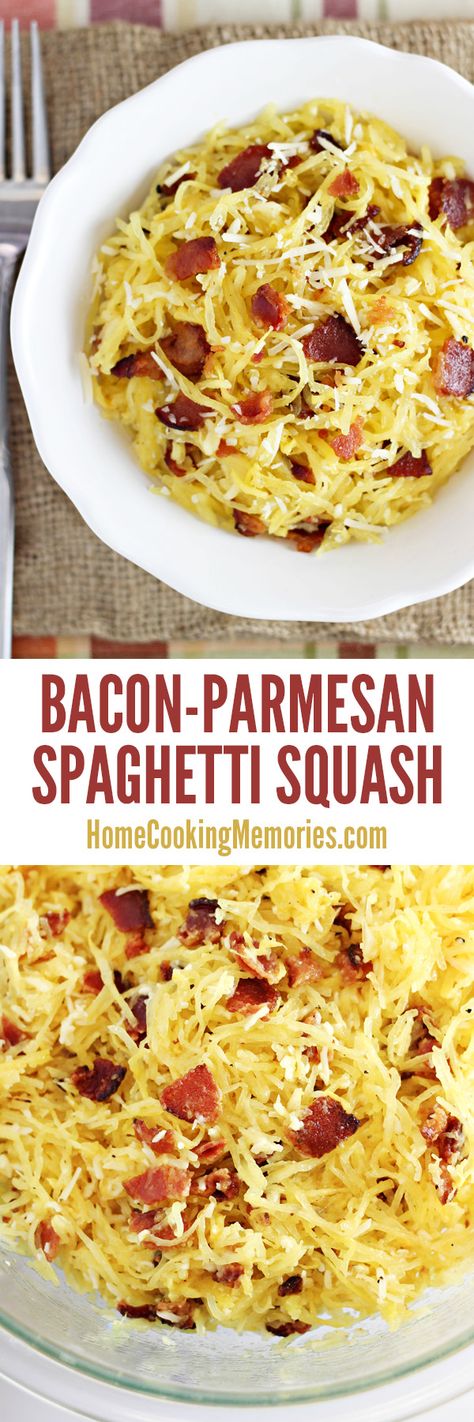 One of the best easy side dishes: Bacon-Parmesan Spaghetti Squash recipe! Only 4 ingredients! A must-make recipe!! Low Carb Veggie, Parmesan Spaghetti Squash, Easy Side Dishes, Spaghetti Squash Recipe, Parmesan Spaghetti, Courge Spaghetti, Zucchini Casserole, Squash Recipe, Spaghetti Squash Recipes