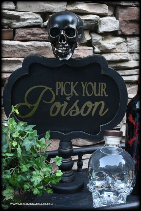 DIY Skull Chalkboard Stand | Pick Your Poison Sign | Halloween Crafts | Gothic Bar Cart | Goth it yourself | Gold Cricut Vinyl Lettering |www.MeandAnnabelLee.com Pick Your Poison Sign, Diy Gothic Decor Crafts, Poison Sign, Gothic Bar, Gothic Diy, Gothic Halloween Decorations, Halloween Signs Diy, Chalkboard Stand, Diy Skulls