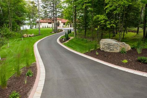 Edging Along Driveway, Long Asphalt Driveway Ideas, Driveway Stone Edging, Driveway Boarders Ideas, Asphalt Driveway With Concrete Border, Paved Driveway Edging, Driveway Edging Ideas Curb Appeal, Driveway Edge Landscaping, Driveway Border Ideas Landscape Edging