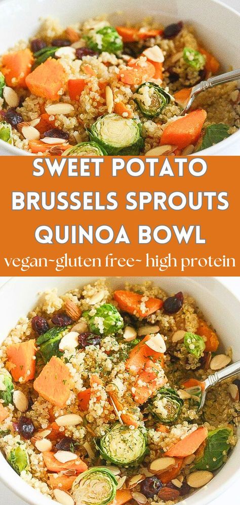 This Sweet Potato Brussels Sprouts Quinoa Bowl is a plant-based, gluten free, protein packed bowl of healthy comfort food, all ready in 30 minutes! #glutenfree #vegan #highprotein Quinoa Brussel Sprouts Sweet Potato, Quinoa Recipes Sweet Potato, Quinoa Brussel Sprout Bowl, Quinoa And Brussel Sprouts Recipes, Easy Veggie Bowls, Sweet Potato Brussel Sprout Bowl, Roasted Vegetable Quinoa Bowl, Broccoli Sweet Potato Recipes, Quinoa Sweet Potato Bowl