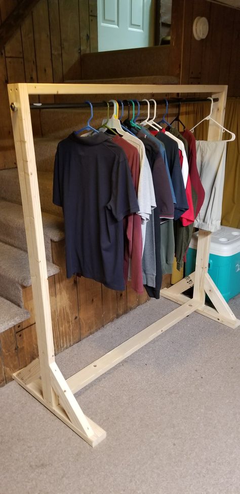 2x4 Clothes rack Diy Clothes Rack Wood, Yard Sale Clothes Rack, Diy Clothes Rack Cheap, Wood Clothing Rack, Wooden Clothes Rack, Homemade Clothes, Diy Clothes Hangers, Standing Clothes Rack, Portable Clothes Rack