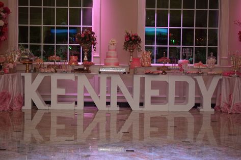 Sweet 16 Name Display, Light Pink Sweet 16 Cake, Pretty In Pink Birthday Party Sweet 16, Sweet 16 Treat Table Ideas, Pink And White Sweet 16 Ideas, Sweet 16 Party Ideas Pink, Sweet 16 Pink Theme, Pink Sweet 16 Decorations, Sweet Sixteen Themes