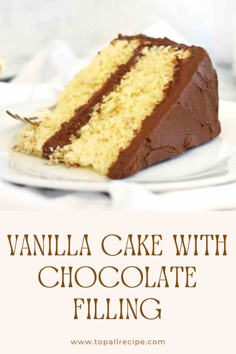 Vanilla cake with chocolate filling is a delightful dessert featuring layers of moist vanilla sponge cake, complemented by a rich, creamy chocolate filling. This treat balances the lightness of vanilla with the indulgence of chocolate, making it perfect for celebrations or a sweet indulgence any time of year. Chocolate Vanilla Cake, Cake Flour Substitute, Chocolate And Vanilla Cake, Vanilla Sponge Cake, Butter Cake Recipe, Chocolate Making, Leftover Cake, Vanilla Sponge, Chocolate Filling