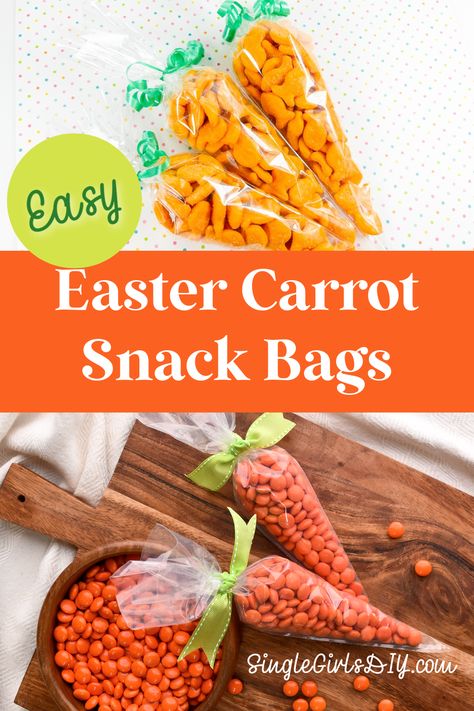 carrot shaped snack bags filled with crackers or candies for Easter Diy Easter Favors, Easter Treat Bags Ideas, Carrot Bags For Easter, Carrot Treat Bags For Easter, Carrot Treat Bags, Prek Easter Party Snacks, Carrot Party Favors, Carrot Candy Bags, Bunny Ear Treat Bag Pattern