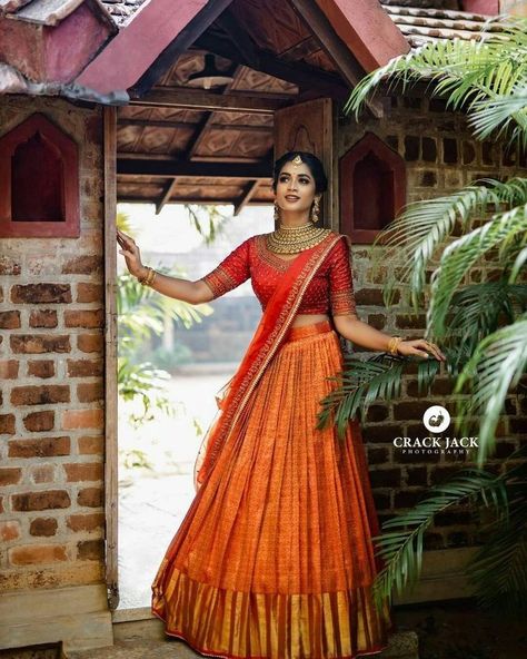 Kanjeevaram Half Saree Lehenga, New Trend Lehenga Designs, Kanjeevaram Lehenga, Yellow Half Saree, South Indian Lehenga, Kerala Engagement Dress, Cancan Lehenga, Lehenga Saree Design, Bridal Sarees South Indian