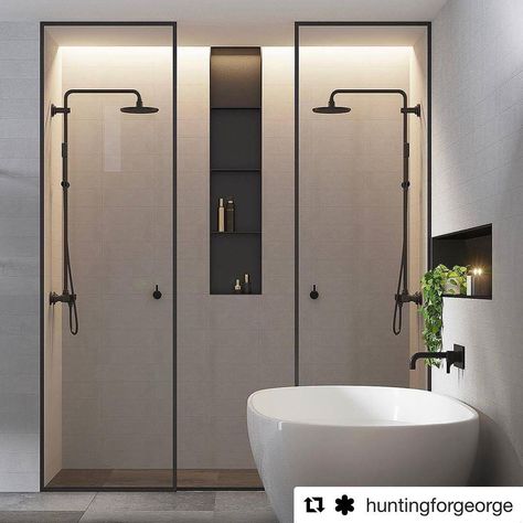 Stop. We just need a moment to fully appreciate the striking black details in this spacious shower heaven... Rationing shower space? Yeah it's up there with sharing your duvet with a blanket-hog. Double shower is one luxury we can wholeheartedly get behind. Killer design by the talented team at @ewert_leaf talk about #bathroomgoals... #interiordesign #tubtime #bathroombliss #doubleshower #bathroomenvy Shower Makeover, Modern Shower Room, Ideas Baños, Double Shower, Bad Inspiration, Decor Baie, Bathroom Goals, Trendy Bathroom, Modern Shower