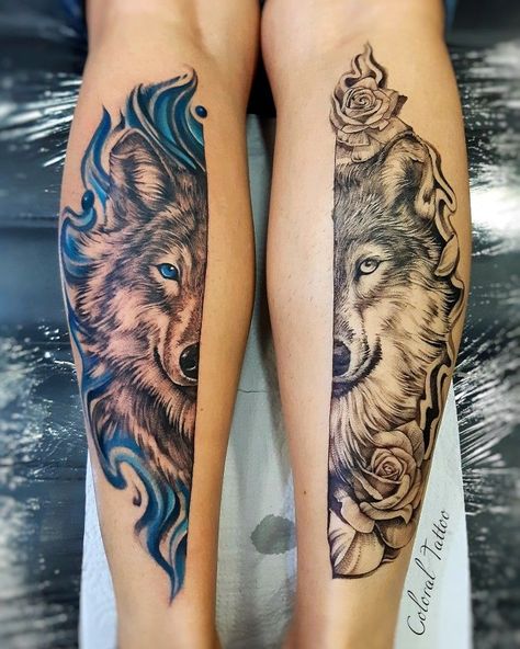 Couple Wolf Tattoo Ideas, Couples Animal Tattoos, Matching Wolf Tattoos Couples, Wolf Matching Tattoos, Couple Wolf Tattoo, Wolf Couple Tattoo, Couples Wolf Tattoos, Tattoos For Women Traditional, Wolf Tattoo For Women