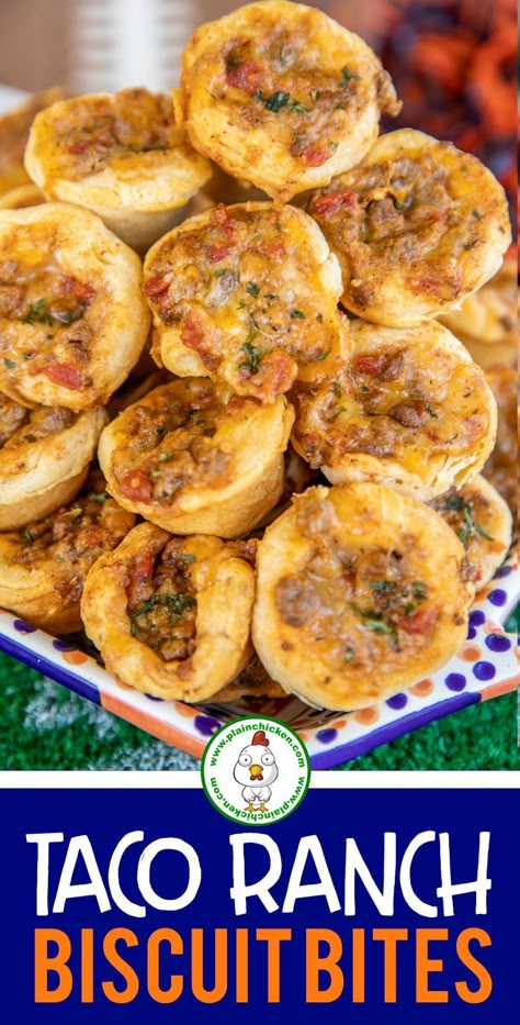 Taco Ranch Biscuit Bites - so GOOD! I'm totally addicted to these things! Ground beef, taco seasoning, Rotel tomatoes, ranch dressing, and cheddar cheese baked in refrigerated biscuits. Can make the taco meat mixture ahead of time and refrigerate until ready to bake. Great for tailgating, lunch, dinner, and parties! Everyone loves this recipe! #mexican #appetizer #superbowl #gameday #tailgating #beef Ranch Biscuits, Mexican Appetizer, Biscuit Bites, Ground Beef Taco Seasoning, Beef Taco Seasoning, Beef Appetizers, Ground Beef Taco, Mexican Appetizers, Recipe Mexican