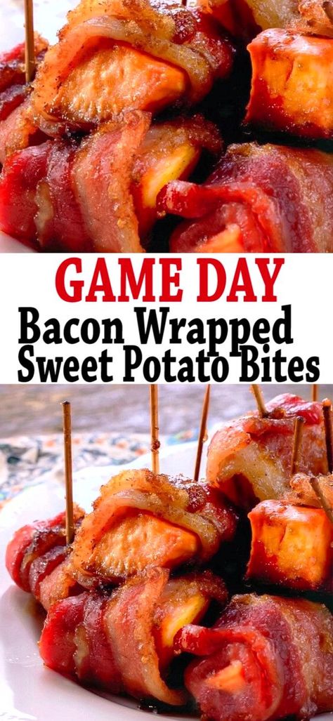 Bacon Wrapped Potatoes, Sweet Potato Wrap, Sweet Potato Bites, Sweet Potato Bacon, Potato Appetizers, Sweet Potatoe Bites, Bowl Party Food, Bacon Appetizers, Potato Bites