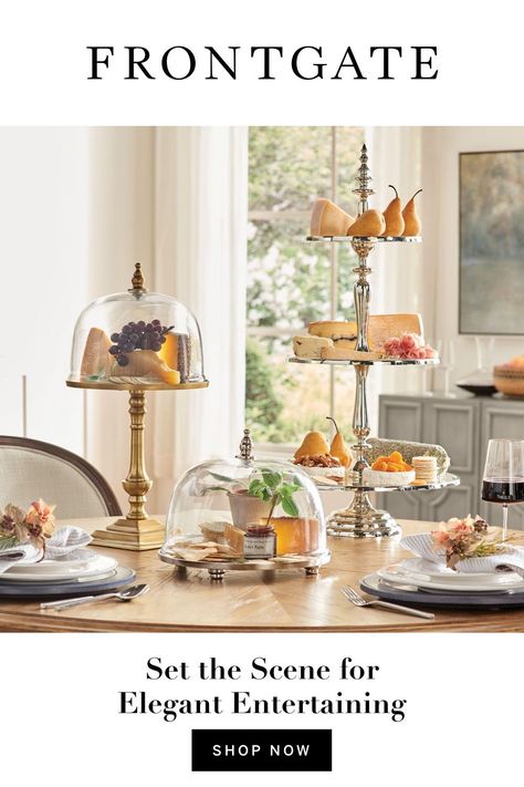 Tiered servers are a must for hosting Friendsgiving, thanksgiving, or any gathering. Glass Cake Stand Decor Display, Outdoor Buffet, Marble Serving Trays, Tiered Server, Elegant Entertaining, Decorating Party, Glass Cloche, Beautiful Cake, Cake Stands