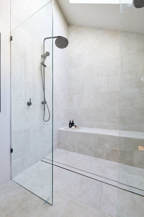 the block 2023 master ensuite steph and gian shower zone with seat Shed Room Ideas, The Block 2023, Bathroom Seat, Full Bathroom Remodel, Small Bathroom Renovations, Contemporary Shower, Master Ensuite, Shower Seat, Bathroom Design Inspiration