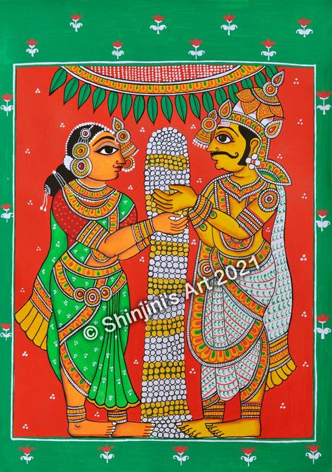 Buy The King and Queens Wedding indian Folk Art Cheriyal Painting Online in India - Etsy Cheriyal Scroll Painting, Cherial Paintings, Cheriyal Art, Cheriyal Paintings, Phad Painting, Queens Wedding, Indian Traditional Paintings, Indian Mythology, Scroll Painting