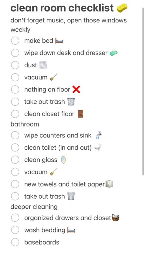 Clean List By Room, Daily Bedroom Cleaning Checklist, 6th Grade Tips, Clean Room Motivation, Deep Cleaning House Checklist, Clean Room Checklist, Cleaning Hacks Bedroom, Room Cleaning Tips, Cleaning Room