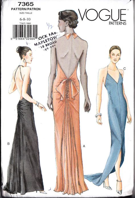 VOGUE Sew Pattern 7365 Evening Bias Gown Slip Dress   6-8-10 #VOGUE #SewingPattern Evening Dress Sewing Patterns, Bias Dress, Evening Dress Patterns, Carpet Pattern, Vogue Dress, Gown Pattern, Vintage Dress Patterns, Moda Retro, Vogue Sewing