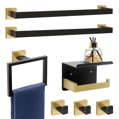 7 Pieces Bathroom Hardware Set Black and GoldOur bathroom hardware set black and brushed gold products are simple, practical, stylish and beautiful. brushed gold bathroom accessories set perfectly suit your rooms with a contemporary styling. Brushed gold bathroom towel rack set can help you make fully use of the space entirely and get rid of clutter in your room. You’ve only spent a small amount of money but have made a drastic change for your home. That’s why so many people buy bathroom hardwar Black Bronze Bathroom, Black And Gold Hardware Bathroom, Black And Gold Bathroom Decor Ideas, Library Bathroom, Black And Bronze Bathroom, Bathroom Hardware Ideas, Black And Gold Office, Black And Brass Bathroom, Gold Bathroom Fixtures