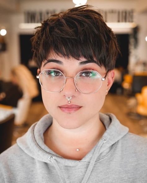 Bowl Cut Pixie with Tousled Texture Pixie Bowl Haircut, Messy Pixie With Bangs, Pixie Haircut Round Face Glasses, Pixie With Fringe Bangs, Pixie Haircut With Short Bangs, Texturized Pixie Haircut, Pixie Thick Hair Round Face, Pixie Bangs Short, Pixie Hairstyles Thick Hair