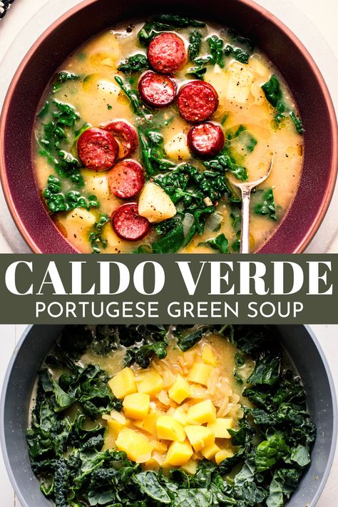 This Portuguese Caldo Verde recipe simmers potatoes, kale, and smoky sausage in a rich and comforting broth. All made in one pot, it’s an incredibly flavorful meal that will transport you to the shores of Portugal with every spoonful! Caldo Verde Recipe, Portuguese Kale Soup, Kale Soup Recipes, Stews Recipes, Savory Recipe, Verde Recipe, Rose Recipes, Green Soup, Soup Kitchen