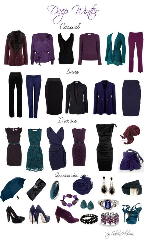 "Deep Winter dark colors"... I once had someone determine my colors and she decided I am a deep winter.  I do love wearing all of these colors! Winter True Outfits, Summer Outfits For Deep Winter, Deep Winter Outfits Style, Dark Winter Outfits Ideas, Jewel Tone Outfits Fall, Winter Jewel Tones, Dark Winter Clothes, Winter Deep Outfits, Deep Winter Color Outfits