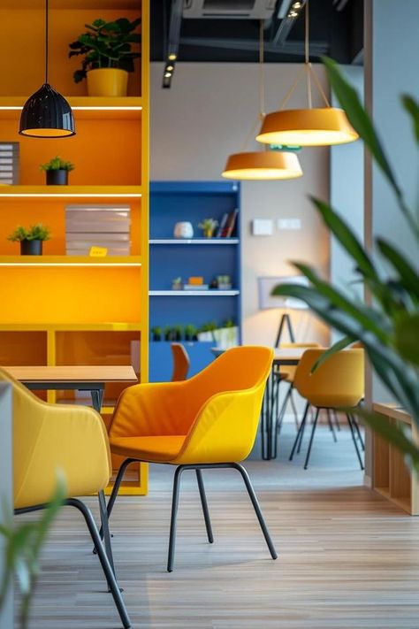 Making Your Office Space Look Fun Yet Professional: Decor Ideas Colorful Coworking Space, Color Office Design, Fun Office Design Work Spaces, Colorful Offices, Colorful Office Space, Fun Office Design, Colorful Office Design, Top Decor Ideas, Interview Rooms