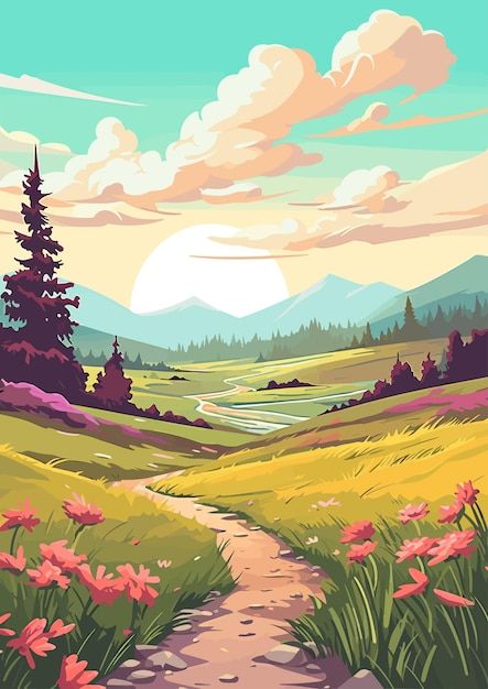 Valley Painting Landscapes, Flat Illustration Landscape, Cartoon Landscape Backgrounds, Vector Art Landscape, Spring Digital Art, Vector Landscape Illustration, Flat Landscape, Comic Book Background, Cartoon Landscape