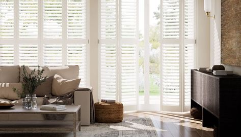 White Shutters Living Room, Wooden Slat Blinds, White Shutter Blinds, Living Room Shutters, Shutters Living Room, Window Safety, 50s Kitchen, White Shutters, Skylight Blinds