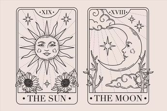 Sun And Moon Tarot Card Drawing, Sun And Moon Tarot Card Tattoo Matching, Sun And Moon Tarot Card Tattoo, Moon Tarot Card Drawing, Tarot Card Outline, The Moon Tarot Card Tattoo, Moon Tarot Tattoo, Tarot Cards The Moon, The Moon Tarot Card Meaning