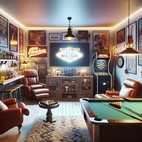 Welcome to the dream man cave, featuring a mini bar, flat-screen TV, arcade games, pool table, and comfy reclining sofas. Bright neon signs, wall posters, warm lights, and a graffiti mirror embellish the space, with a mini fridge and popcorn machines for snacks. #ManCave #HomeBar #GameRoom #ArcadeGames #SportsBar #HomeDecoration Vintage Game Room, Dream Man Cave, Popcorn Machines, Reclining Sofas, Cave Basement, Ultimate Man Cave, Garage Man Cave, Cat Candle, Man Cave Basement