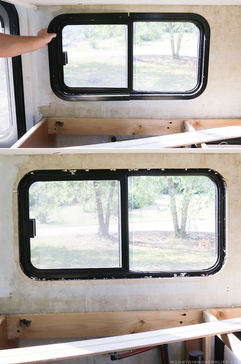 Easily install a wood planked kitchen backsplash in a RV! This is the perfect way to add rustic modern or farmhouse style to your tiny home on wheels! Wood Window Trim, Kitchen Backslash, Rv Windows, Half Painted Walls, Camper Windows, Interior Window Trim, Tiny Home On Wheels, Wood Backsplash, Home On Wheels