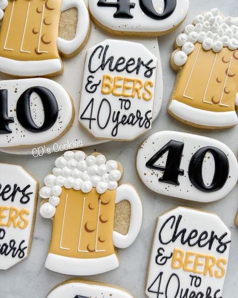 Cheers And Beers Birthday, Beer Cupcakes, Beer Cookies, Royal Icing Cookies Recipe, Happy Birthday Cookie, Cookie Cake Birthday, Sugar Cookie Royal Icing, Man Cookies, 40th Birthday Cakes