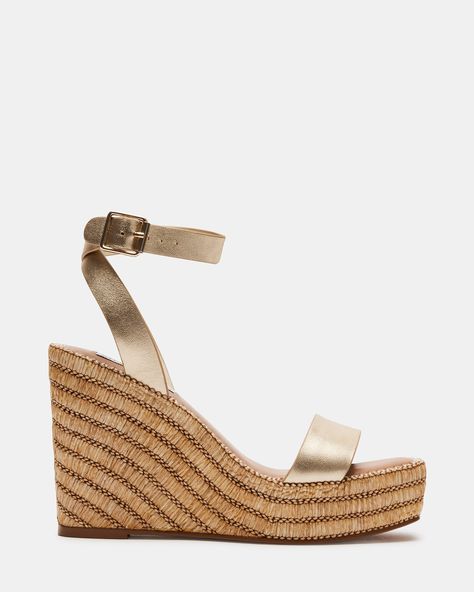 CASSIE GOLD LEATHER Mexico Fits, Mindy Lahiri, Fran Fine, Olivia Pope, Square Toe Sandals, Trainer Heels, Womens Sandals Wedges, Woven Raffia, Leather Sandals Women