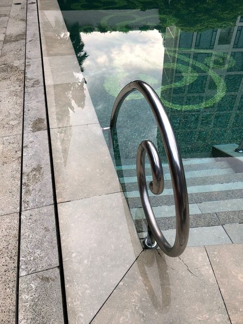 Pool Rails Inground, Pool Handrail Ideas, Pool Railing, Swimming Pool Renovation, Pool Rails, Stair Rails, Rectangle Pool, Handrail Design, Pool Stuff