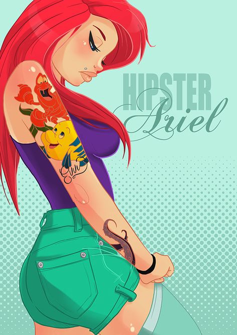 Hipster Ariel on Behance. #design #ilustração #disney #hipster Hipster Disney Princess, Hipster Ariel, Hipster Princess, Hipster Disney, Evvi Art, Princes Disney, Disney Punk, Princess Illustration, Punk Disney Princesses