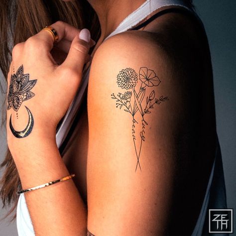 2 Names Birth Month Flowers Tattoo Art , Custom Name Design , Couple Family Personalized Tattoo Design , Line Art Birth Flower Tattoo Design - Etsy Feb Flower Tattoo, Double Birth Flower Tattoo, Flower Tattoo With Initials, Birth Flower Tattoos Ideas Families, Birth Month Flowers Tattoo, Name Flower Tattoo, Simple Flower Tattoo, Mother Tattoos, Birth Flower Tattoos