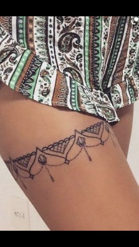 Thigh Cuff Tattoo, Garter Belt Tattoo, Lace Thigh Tattoos, Thigh Garter Tattoo, Thigh Band Tattoo, Thigh Band, Garter Tattoo, Pineapple Tattoo, Cuff Tattoo