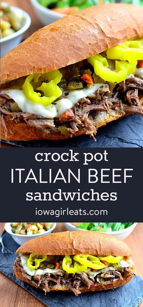 Crock Pot Italian Beef Sandwiches are a 5-ingredient crock pot recipe version of the popular hot sandwich recipe. This easy dinner recipe is a crowd-pleaser! iowagirleats.com keywords: crock pot recipes, crock pot meals, crock pot dinners Italian Beef Crockpot Recipe, Italian Beef Sandwiches Crockpot, Beef Sandwiches Crock Pot, Crock Pot Italian Beef, Italian Beef Crockpot, Italian Beef Sandwich, Crock Pot Italian, Italian Beef Recipes, Hot Beef Sandwiches