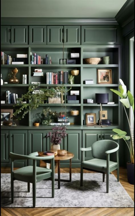 Modern And Master Home Library Designs | That Will Have Book Lovers | Home Decoration Ideas Dark Green Shelves, Hunter Green Library, Shelving Wall Ideas, Green Book Shelves, Moody Green Library, Emerald Green Library, Dark Green Bookshelves, Dark Green Library Room, Dark Green Bookcase