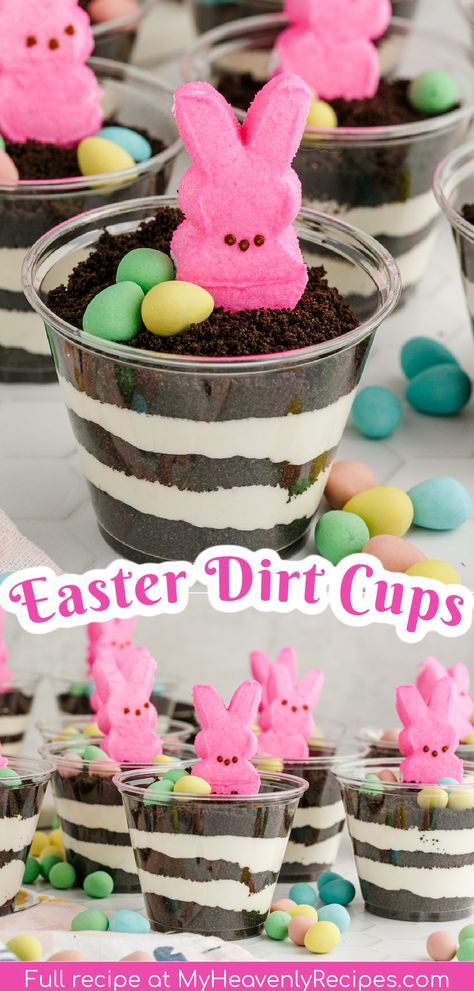 easter dirt cups Easter Dirt Cups, Easter Pudding Cups, Dirt Cake Cups, Dirt Cups Dessert, Peeps Dessert, Dirt Cups Recipe, Dirt Pudding Cups, Easter Dirt Cake, Dirt Dessert