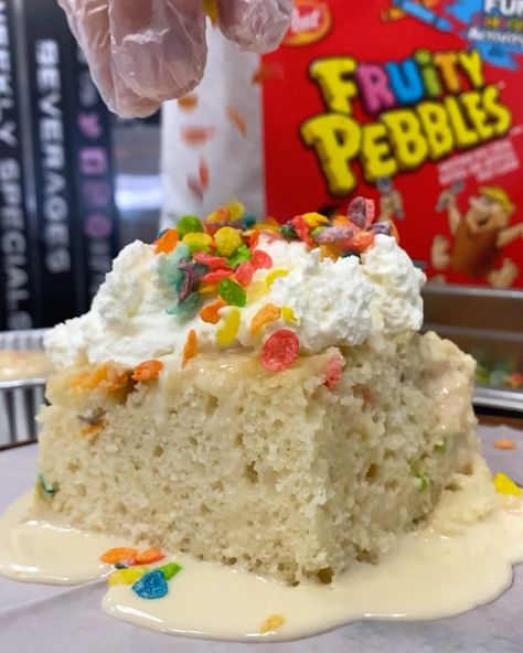 Fruity Pebbles Cereal, Pebbles Cereal, Leches Cake, Tres Leches Cake, Desserts Menu, Fruity Pebbles, Tres Leches, Coffee Dessert, Food Drinks Dessert