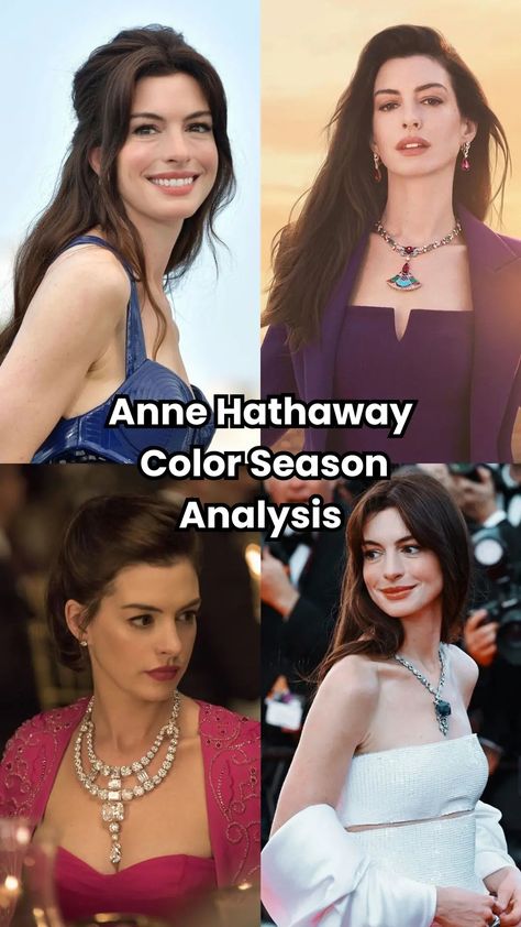 Ever wondered what Anne Hathaway's color season is? Discover why she's a Dark Winter and how it enhances her features. Anne Hathaway Brown Hair, Anne Hathaway Color Season, Anne Hathaway Best Looks, Anne Hathaway Jewelry, Anne Hathaway Color Palette, Anne Hathaway Color Analysis, Dark Winter Color Analysis, Cool Winter Celebrities, Anne Hathaway Hair Color