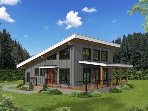 062H-0442: Modern Vacation House Plan with Loft; 1192 sf, front view Shipment Container, House Plan With Loft, Modern Lake House, Container Cabin, Modern Mountain Home, Mountain House Plans, Lake House Plans, Modern Style House Plans, Modern Mountain