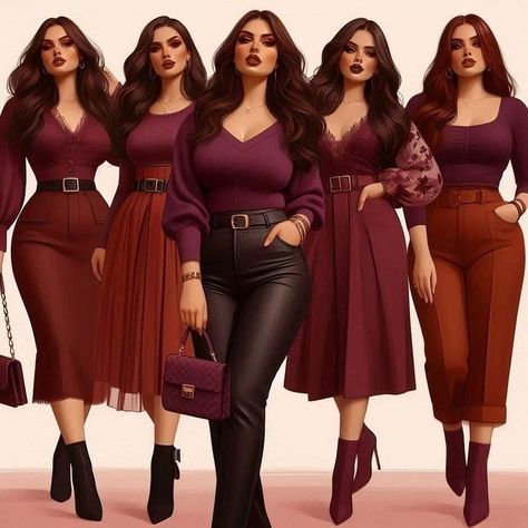 Wardrobe capsule: Maroon, purple & Brown #sincreations #wardrobecapsule Brown And Burgundy Outfit, Maroon Outfits, Chubby Outfit Ideas, Outfits For Plus Size Women, Outfits Lookbook, Chick Outfit, Wine Outfit, Curvy Casual Outfits, Burgundy Outfit