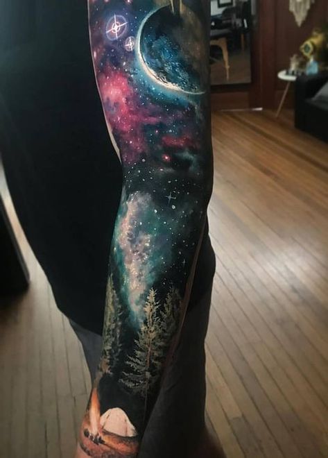 Space Arm Tattoo, Sleeve Guide, Galaxy Tattoo Sleeve, Arm Cover Up Tattoos, Space Tattoo Sleeve, Outer Space Tattoos, Mangas Tattoo, Sky Tattoos, Ufo Tattoo