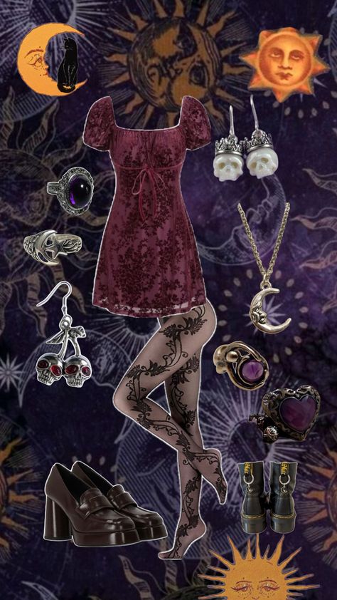 Fairy Goth Outfit, Tights Loafers, Dark Whimsigoth, Whimsigoth Dress, Maximalist Outfit, Star Skull, Maximalist Outfits, Rings Purple, Witchy Outfits