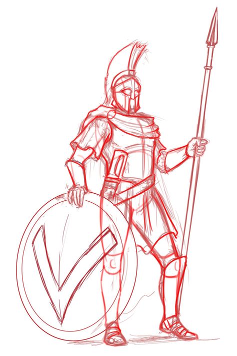 How to Draw an Ancient Greek Warrior ( Hoplite ) - Improveyourdrawings.com How To Draw A Samurai, Greek Warrior Drawing, Warrior Reference Pose, Spartan Warrior Drawing, How To Draw Armour, Warrior Pose Sketch, Warrior Drawing Reference, Warrior Drawing Male, Samurai Warrior Drawing