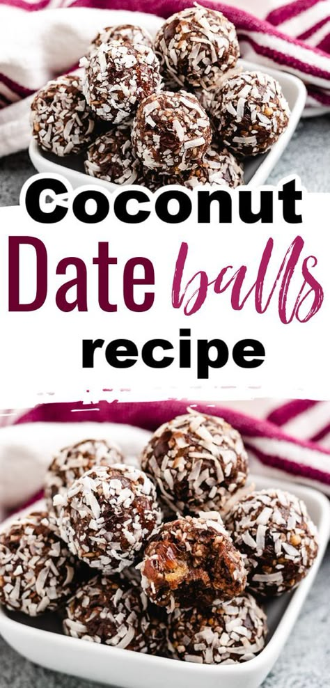 Date Balls are snack-sized energy bites made of chopped pecans, sweetened dates, shredded coconut, and a touch of chocolate. These Coconut Date Balls are easy to make and perfect for a healthy eating snack. Date Balls | Healthy Meals | Coconut Date Balls | Pecan Balls | Healthy Eating | Snack Recipes | Energy Bites | Good Healthy Recipes | Date Balls Healthy, Coconut Date Balls, Date Energy Balls, Pecan Balls, What Is Healthy Food, Date Balls, Healthy Eating Snacks, Energy Ball Recipe, Snacks Saludables