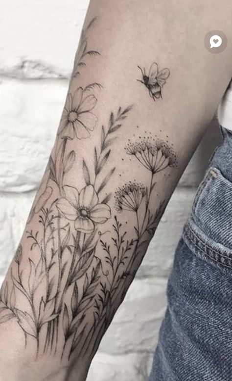 Plant Forarm Tattoos, Half Sleeve Garden Tattoo, Mason Jar Tattoos For Women, Organic Sleeve Tattoo, Wraparound Floral Tattoo, Wildflower Arm Band Tattoo, Honeycomb Wildflower Tattoo, Wildflower Arm Tattoo Half Sleeves, Black And Gray Traditional Tattoo Sleeve