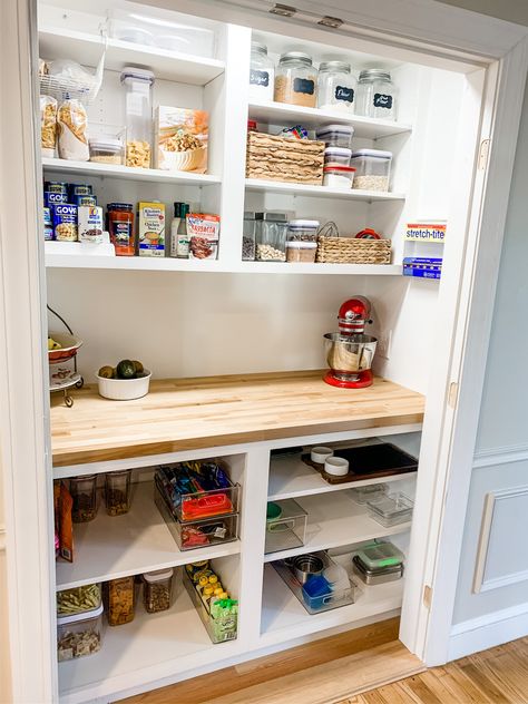 Reach-in pantry Closet Style Pantry, Pantry Closet With Counter, Shallow Closet Pantry, Pantry Conversion Ideas, Pantry In Hallway, Turning A Closet Into A Pantry, Reach In Pantry Design, Pantry With Appliance Counter, Pantry Coat Closet