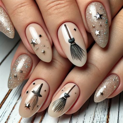 A close-up image of nails featuring a witch's broomstick nail art design. The nails are painted with a neutral or pale base color, and on each nail, there is a small, intricately detailed broomstick drawn with a fine brush. The design includes silver or gold stars around the broomsticks to create a magical, enchanted feel. The nails are shaped in a neat, natural style, with a glossy top coat that adds a slight shine, emphasizing the mystical and whimsical nature of the nail art. Witches Nail Art, Wiccan Nail Art, Witchy Inspired Nails, News Year Eve Nails, Salem Witch Nails, Mystic Nail Art, Fall Witchy Nails, Practical Magic Nails, Halloween Easy Nails