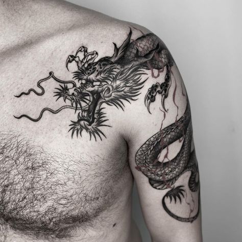 awesome 24 Chinese Dragon Tattoos for Everyone in 2021 Japanese Dragon Neck Tattoo, Three Headed Dragon Tattoo, Dragon Tattoo Shoulder Men, Chinese Dragon Shoulder Tattoo, Dragon On Shoulder Tattoo, Dragon Upper Arm Tattoo, Male Rib Tattoos, Chinese Phoenix Tattoo, Dragon Chino Tattoo