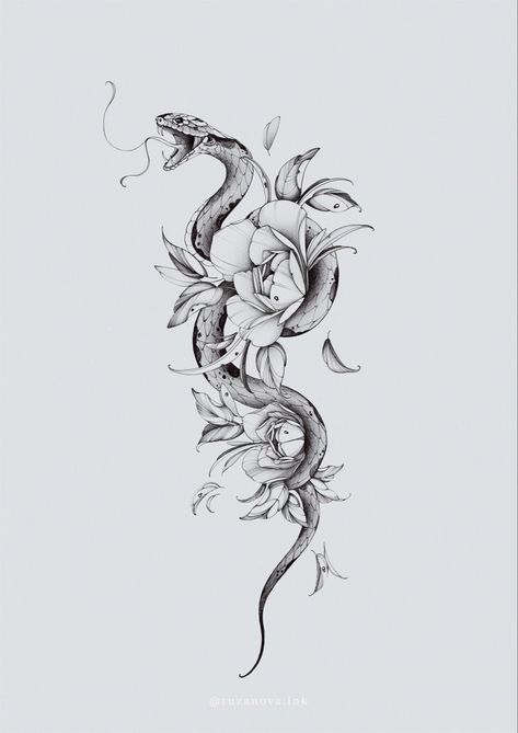 Sketches Snake, Snake Tattoo Sketch, A Snake Tattoo, Tattoo Drawings Sketches, Snake And Flowers Tattoo, Snake And Flowers, Grace Tattoos, Tattoos Pretty, Half Sleeve Tattoos Forearm